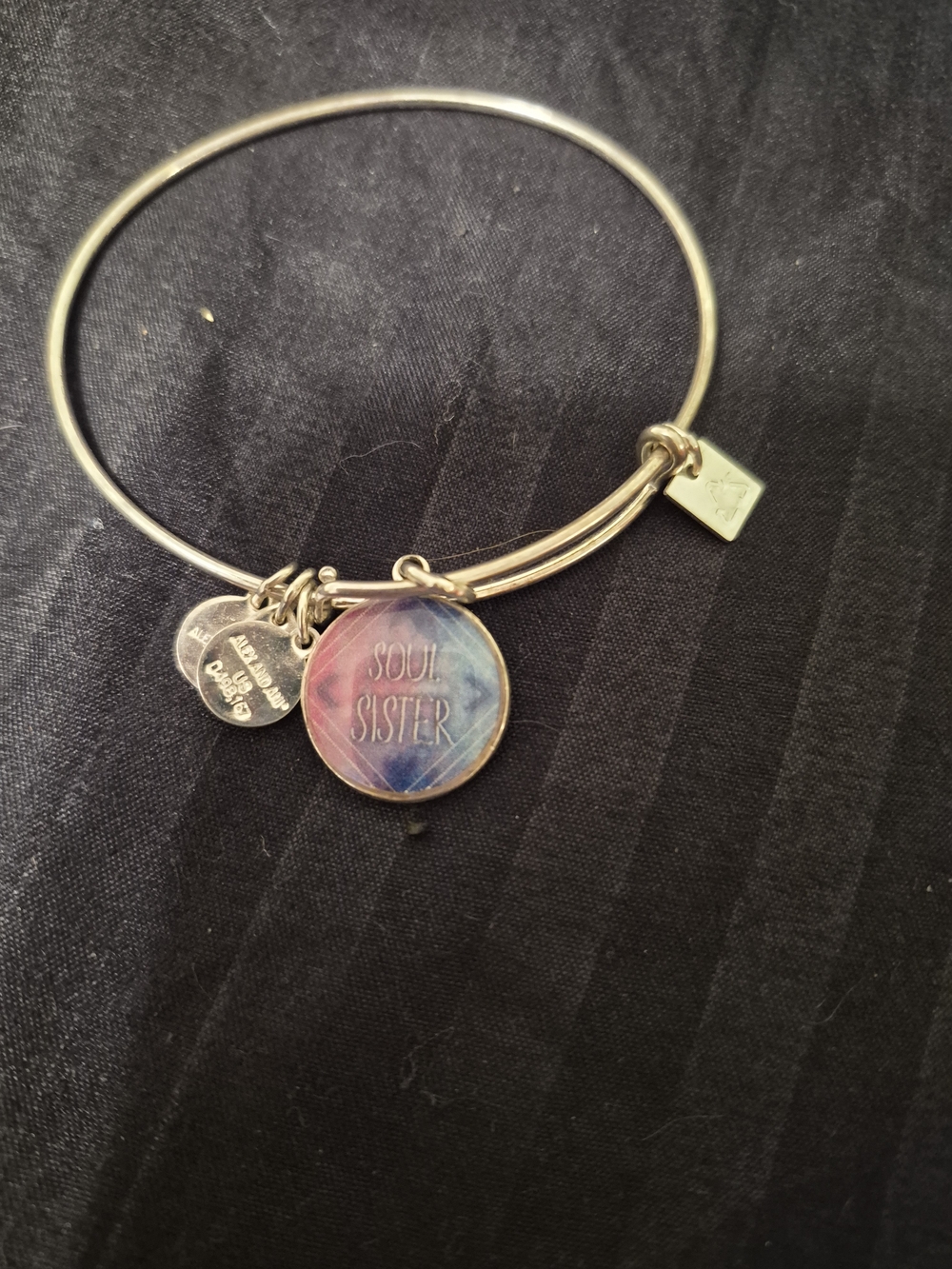 Alex and Ani Silver Soul Sister Bangle with Blue-Purple Charm